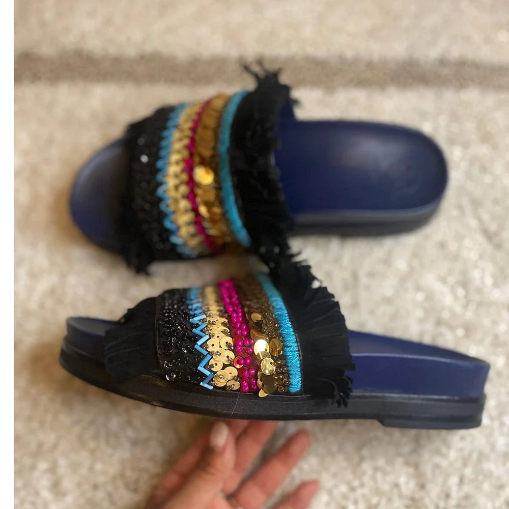 Tory Burch Isle Beaded Fringe Flat Slide Sandals